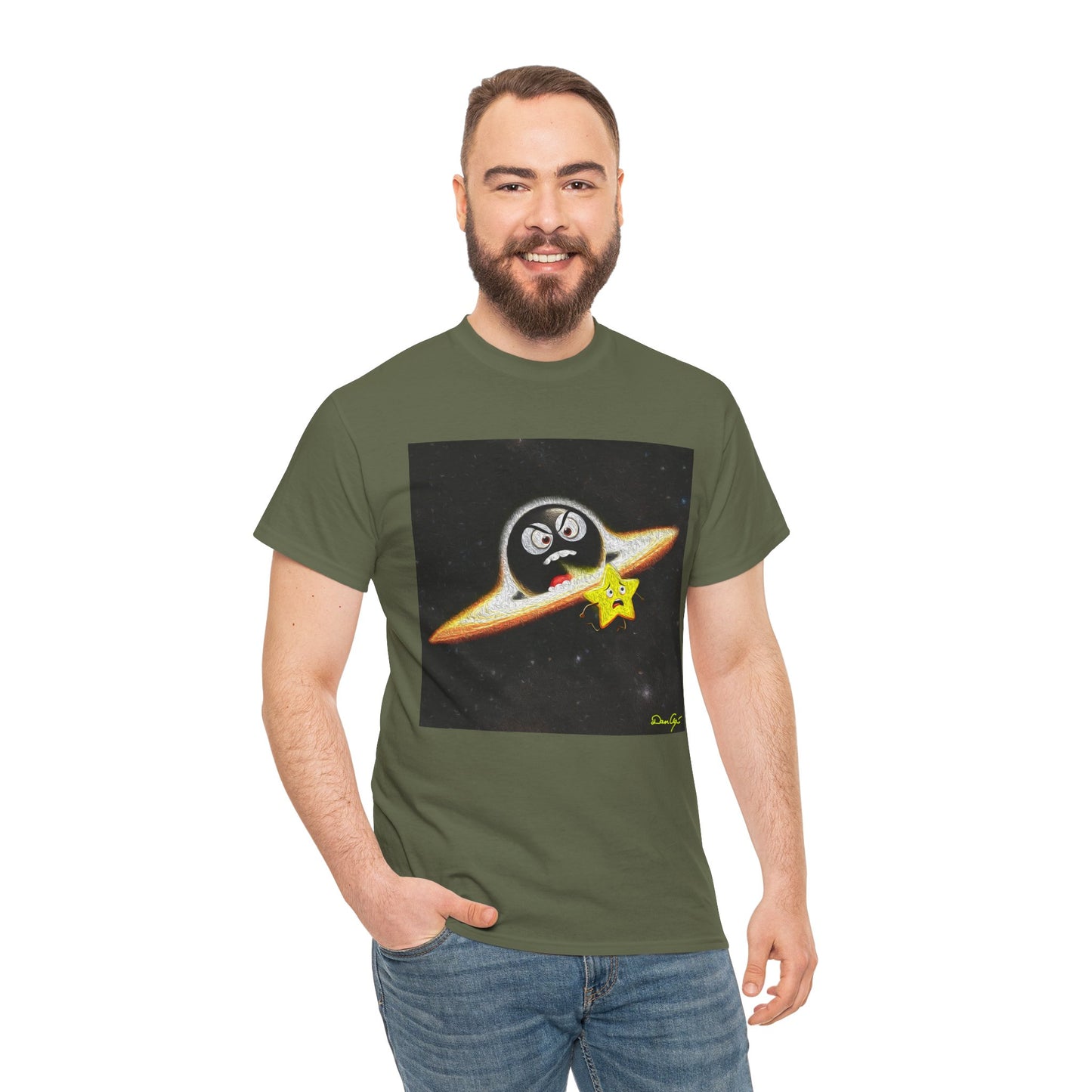 BlackHole Chasing Star, Space-Themed Unisex Heavy Cotton Tee with Cartoon Penguin Design, graphic design, png