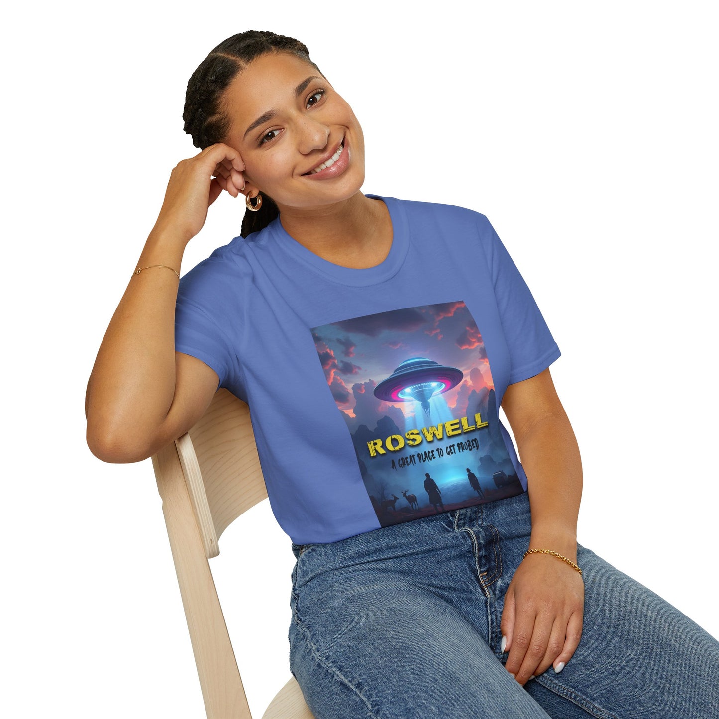Roswell Probed Retro T-Shirt - Alien UFO Lover Gift, Sci-Fi Apparel, Extraterrestrial Tee, Unisex Softstyle Clothing, graphic design, png