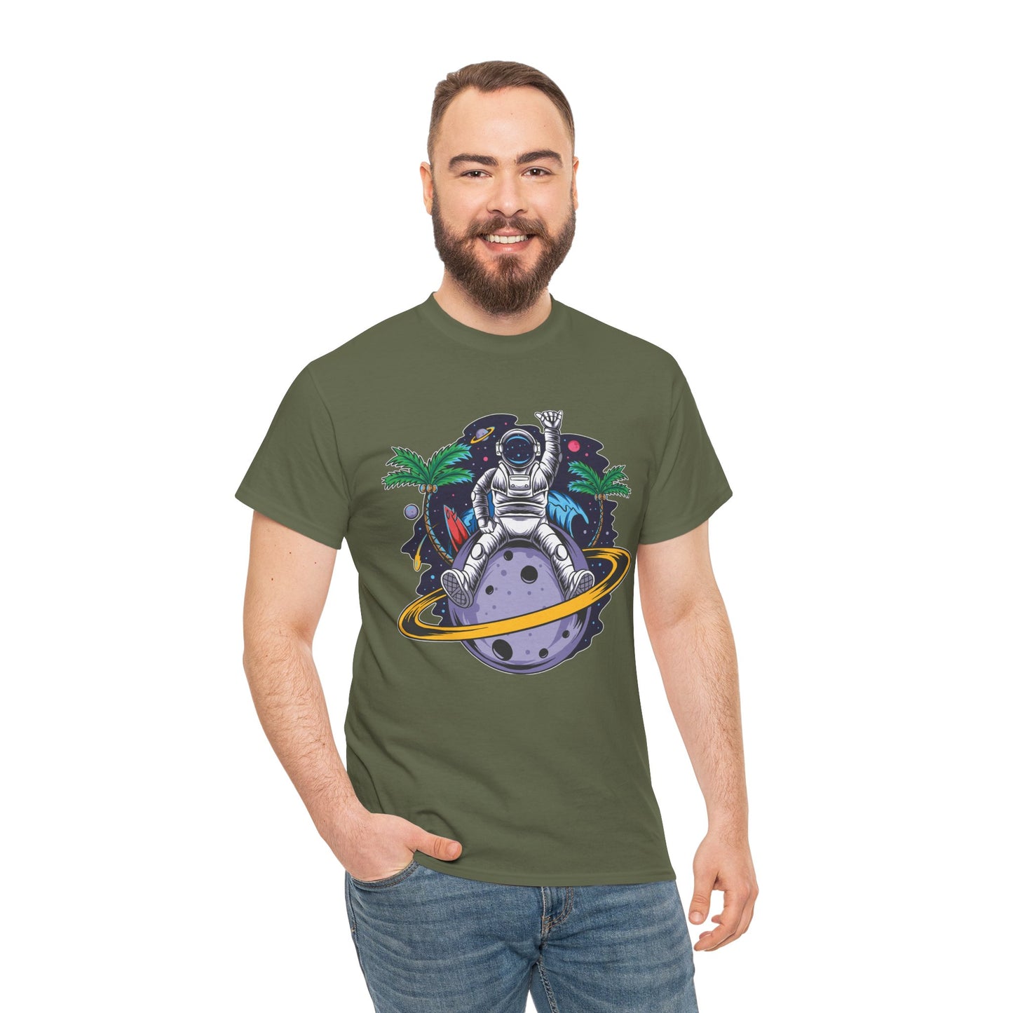 Cosmic Adventure, Unisex Heavy Cotton Tee - Astronaut & Planet Design, graphic design, png, art