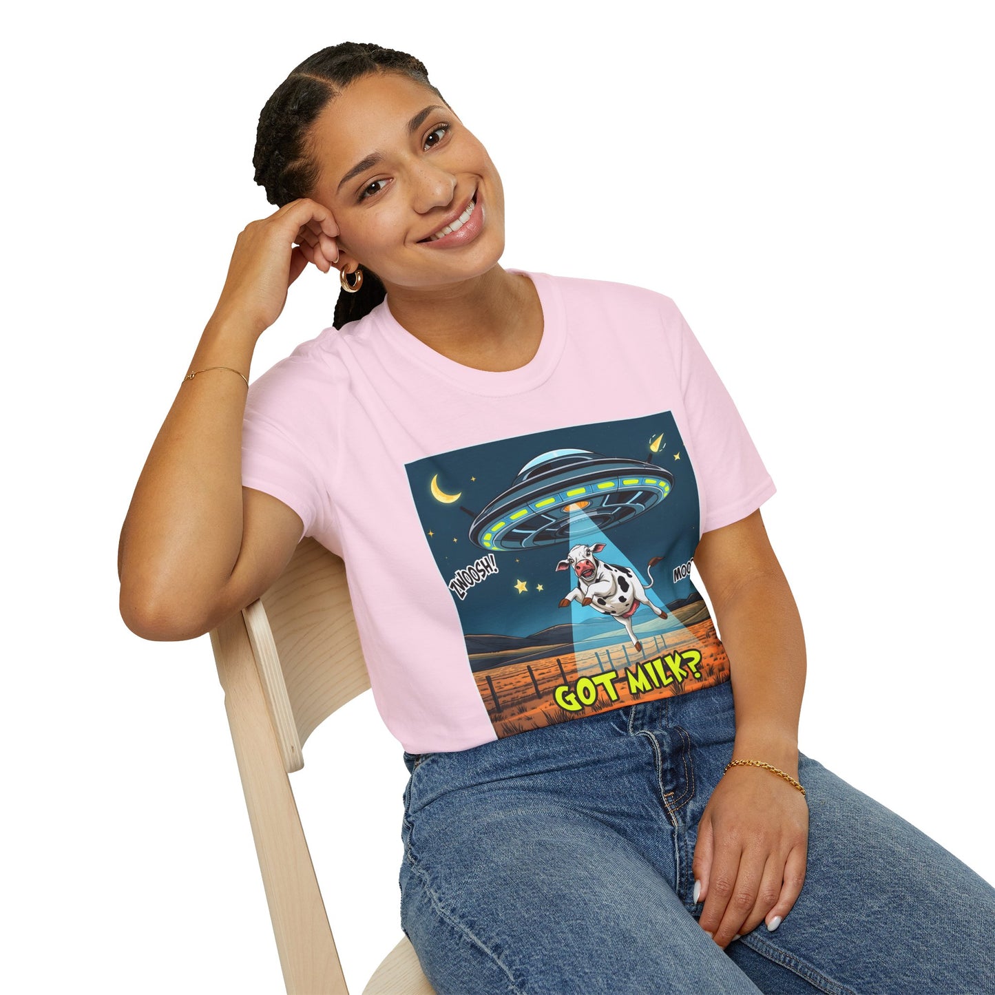 Got Milk? Cow UFO Unisex Softstyle T-Shirt – Fun Graphic Tee for Dairy Lovers, graphic tees, t-shirt, tshirt, graphic design, png