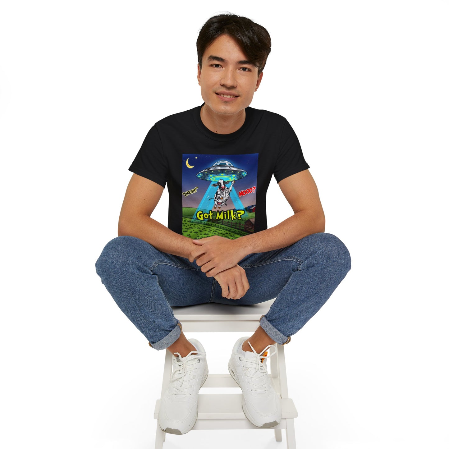 Got Milk? Funny Unisex Ultra Cotton Tee - Humorous Cow and UFO Design, graphic tee, t-shirts, tshirt, png, sublimation