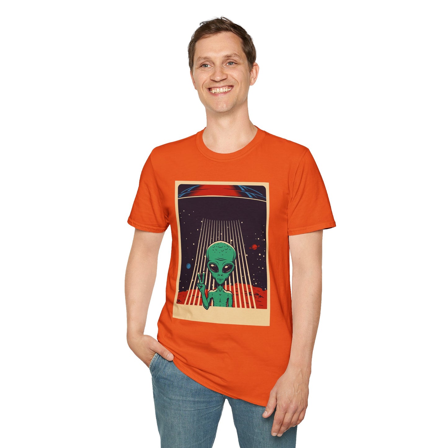 Cosmic Alien Peace Unisex Softstyle T-Shirt, Vintage UFO Tee, Space Lover Gift, Sci-Fi Fan Shirt, Trendy Graphic Tee, GraphicTees, t-shirts