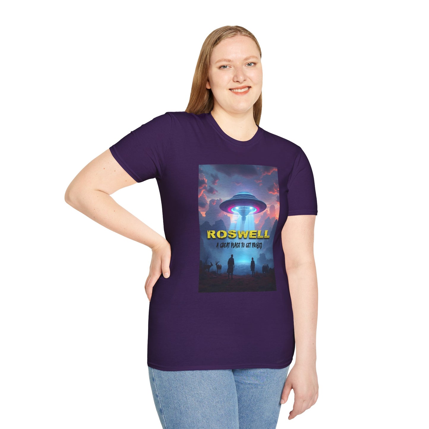 Roswell Probed Retro T-Shirt - Alien UFO Lover Gift, Sci-Fi Apparel, Extraterrestrial Tee, Unisex Softstyle Clothing, graphic design, png