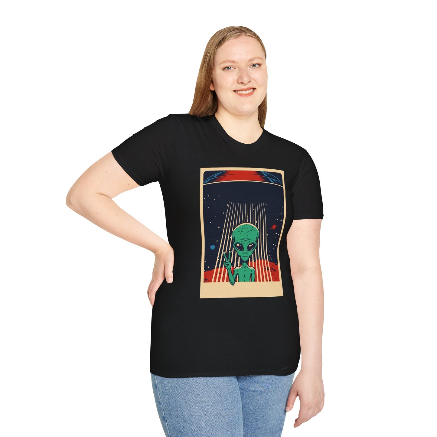 Cosmic Alien Peace Unisex Softstyle T-Shirt, Vintage UFO Tee, Space Lover Gift, Sci-Fi Fan Shirt, Trendy Graphic Tee, GraphicTees, t-shirts