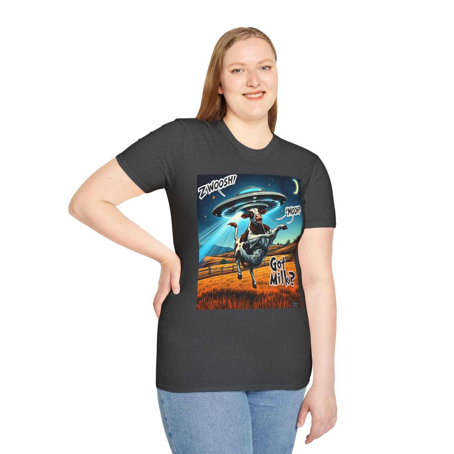 Funny Alien Cow T-Shirt - Got Milk? Unisex Soft style graphic Tee, UFO, galaxies, space, Blackhole, graphic design, png, sublimation
