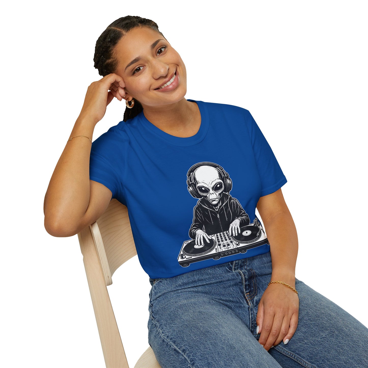 DJ Alien Graphic T-Shirt | Unisex Softstyle Tee for Music Lovers, Gifts for DJs, Cool Casual Wear, Festival Apparel, Unique Alien Design