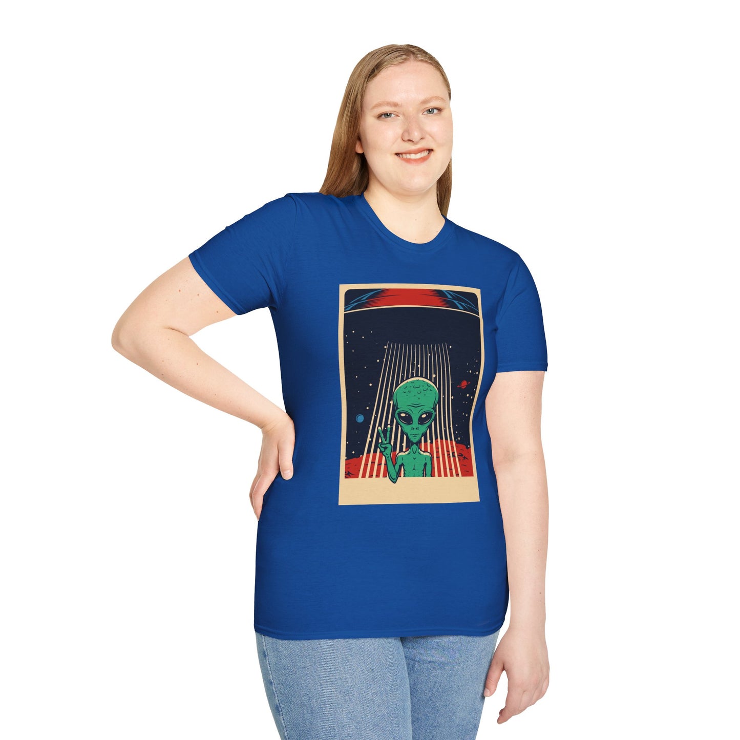 Cosmic Alien Peace Unisex Softstyle T-Shirt, Vintage UFO Tee, Space Lover Gift, Sci-Fi Fan Shirt, Trendy Graphic Tee, GraphicTees, t-shirts