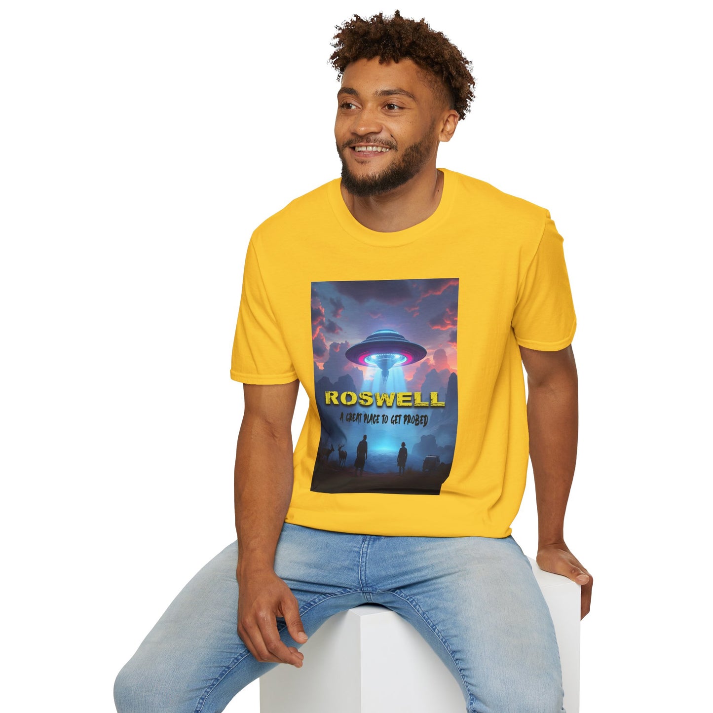 Roswell Probed Retro T-Shirt - Alien UFO Lover Gift, Sci-Fi Apparel, Extraterrestrial Tee, Unisex Softstyle Clothing, graphic design, png