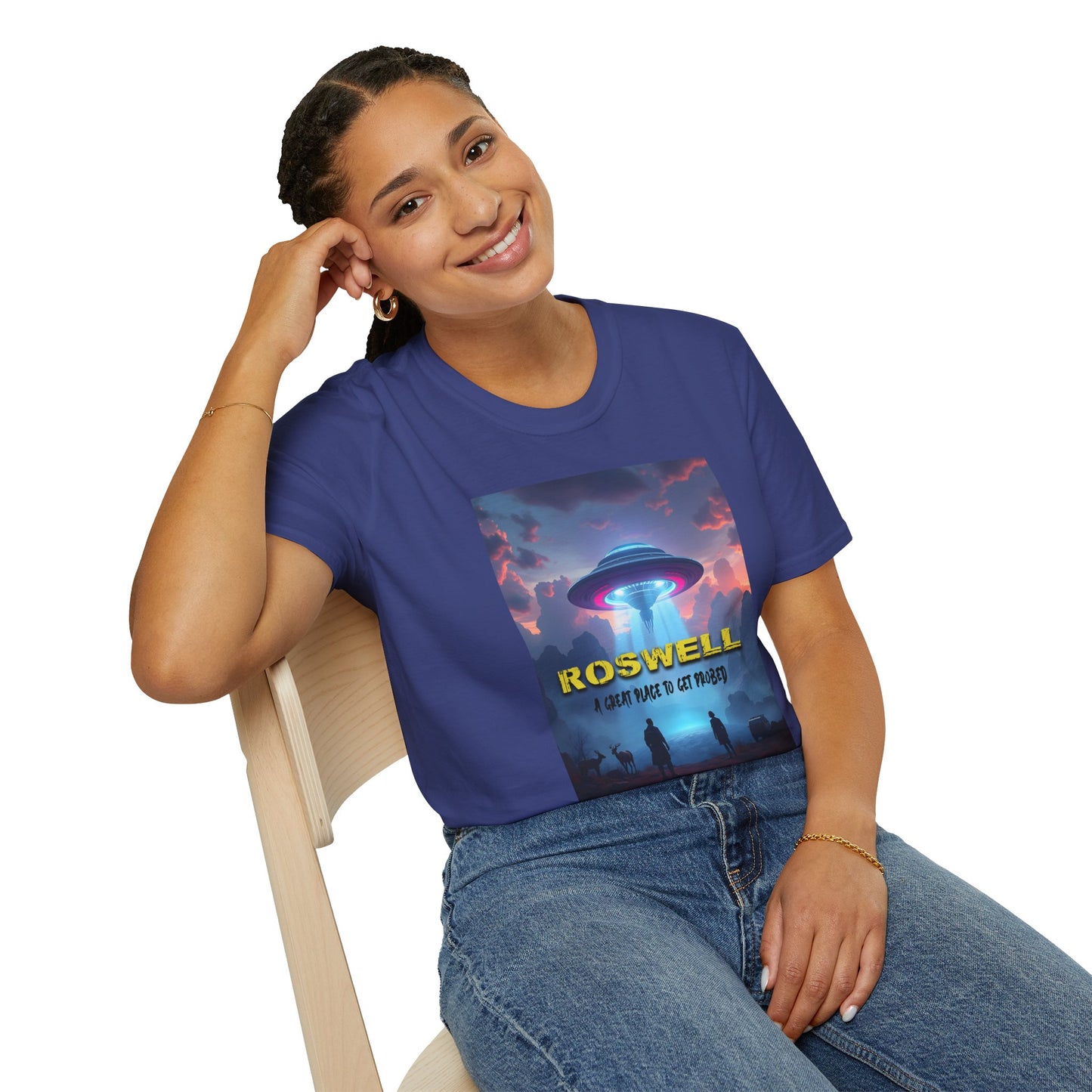 Roswell Probed Retro T-Shirt - Alien UFO Lover Gift, Sci-Fi Apparel, Extraterrestrial Tee, Unisex Softstyle Clothing, graphic design, png