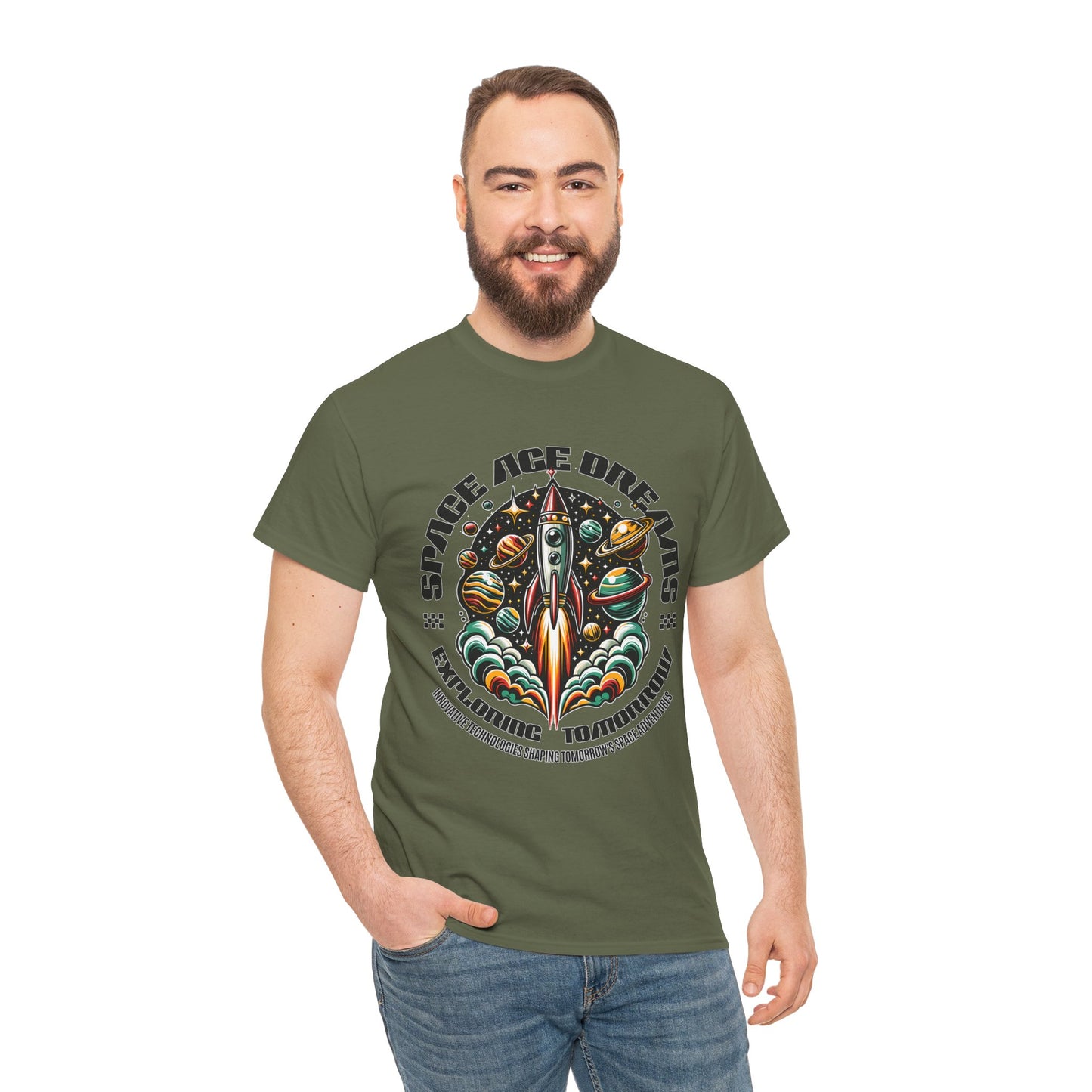 Space Age Dreams, Unisex Heavy Cotton Tee - Retro Rocket Design for Space Lovers, graphic design, png