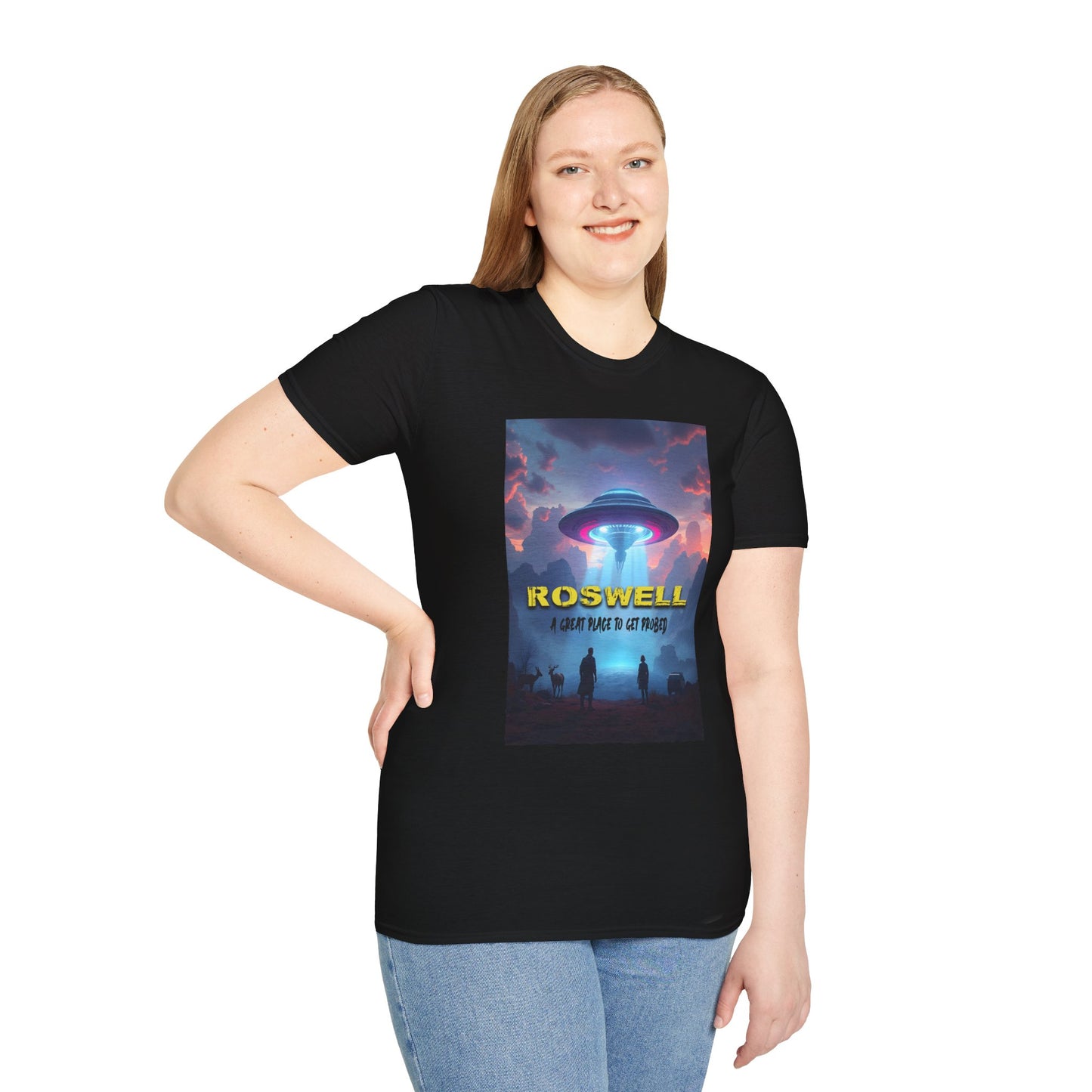 Roswell Probed Retro T-Shirt - Alien UFO Lover Gift, Sci-Fi Apparel, Extraterrestrial Tee, Unisex Softstyle Clothing, graphic design, png