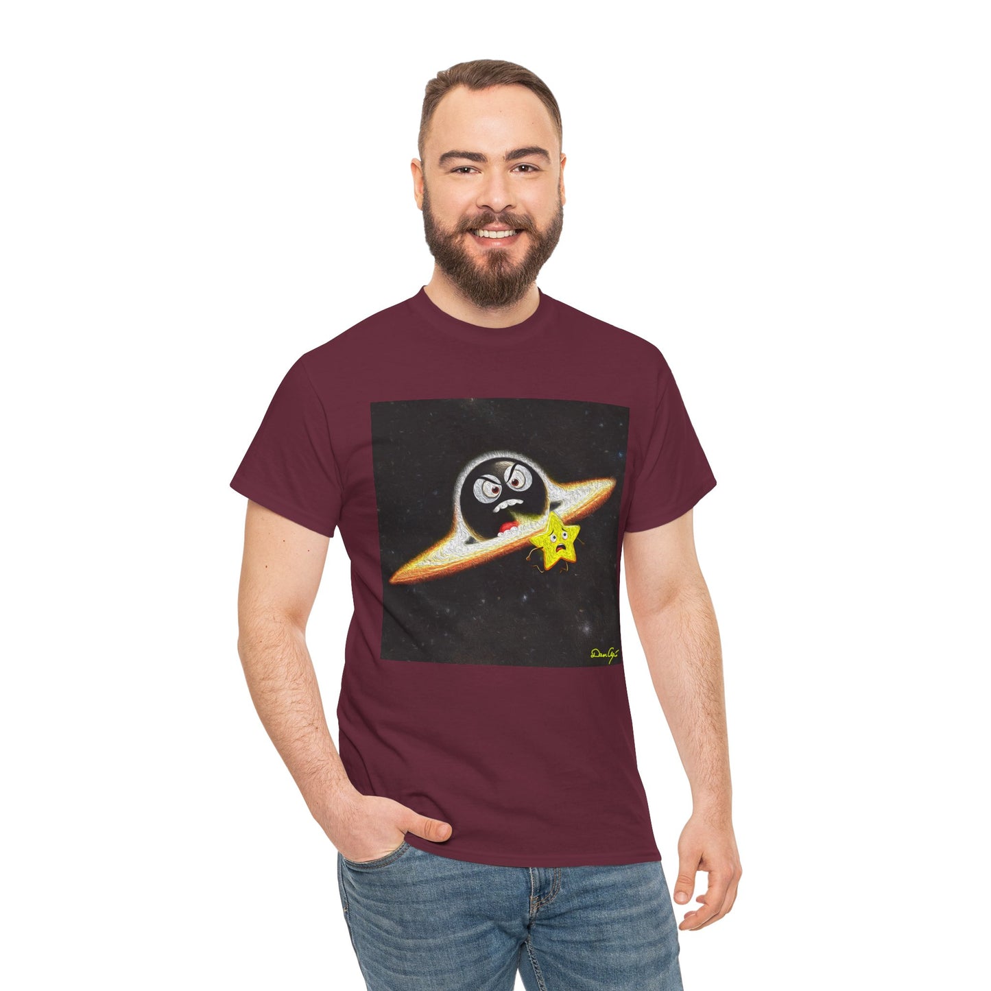 BlackHole Chasing Star, Space-Themed Unisex Heavy Cotton Tee with Cartoon Penguin Design, graphic design, png