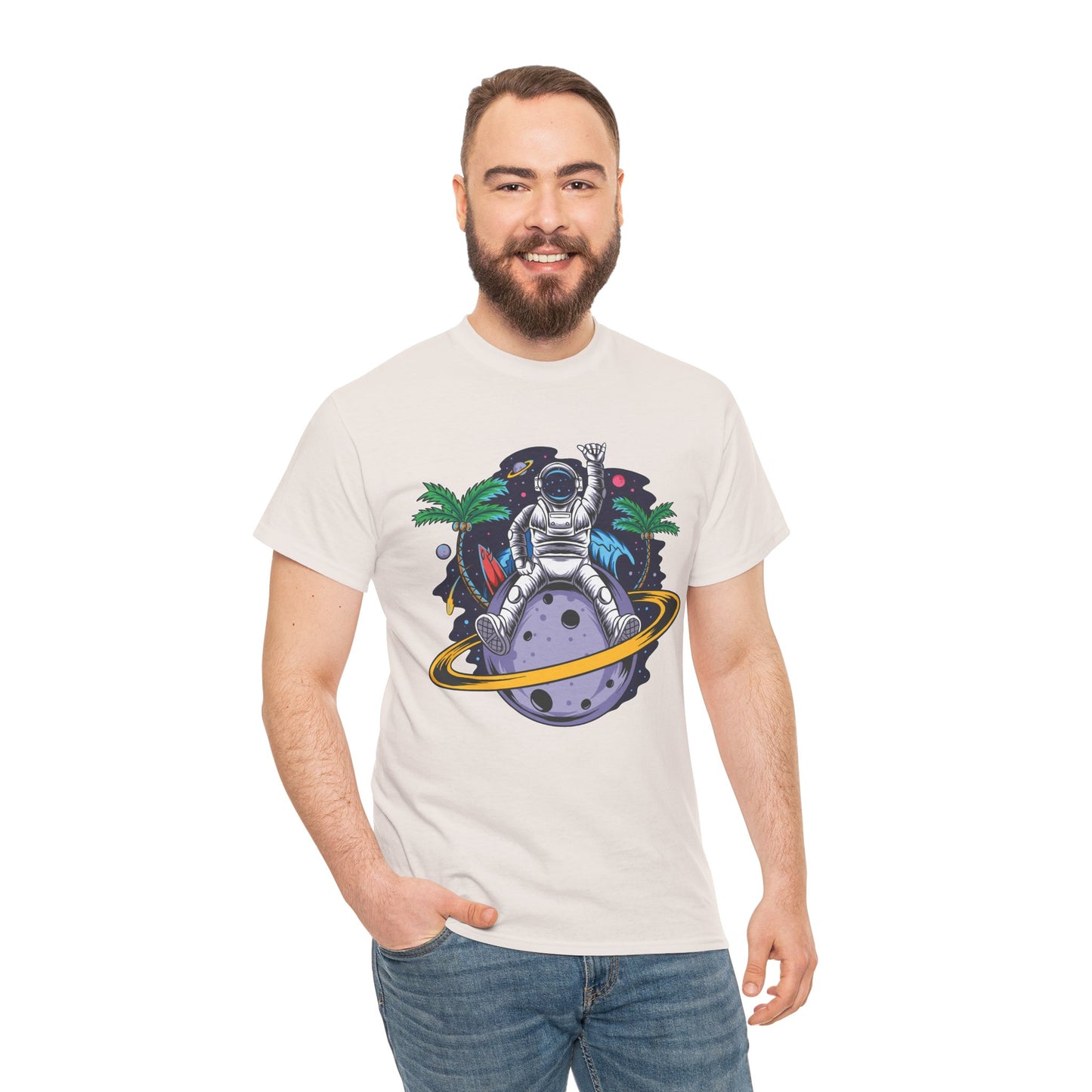 Cosmic Adventure, Unisex Heavy Cotton Tee - Astronaut & Planet Design, graphic design, png, art