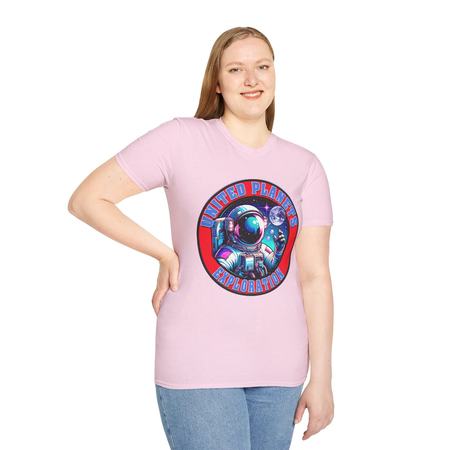 United Planets Exploration Astronaut T-Shirt, Science Themed Tee, Outer Space Shirt for Gift, Birthday, Unisex Softstyle Apparel