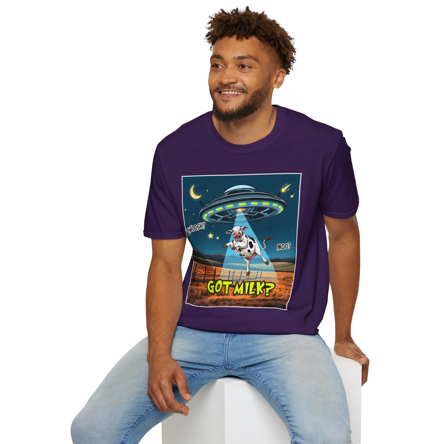 Got Milk? Cow UFO Unisex Softstyle T-Shirt – Fun Graphic Tee for Dairy Lovers, graphic tees, t-shirt, tshirt, graphic design, png