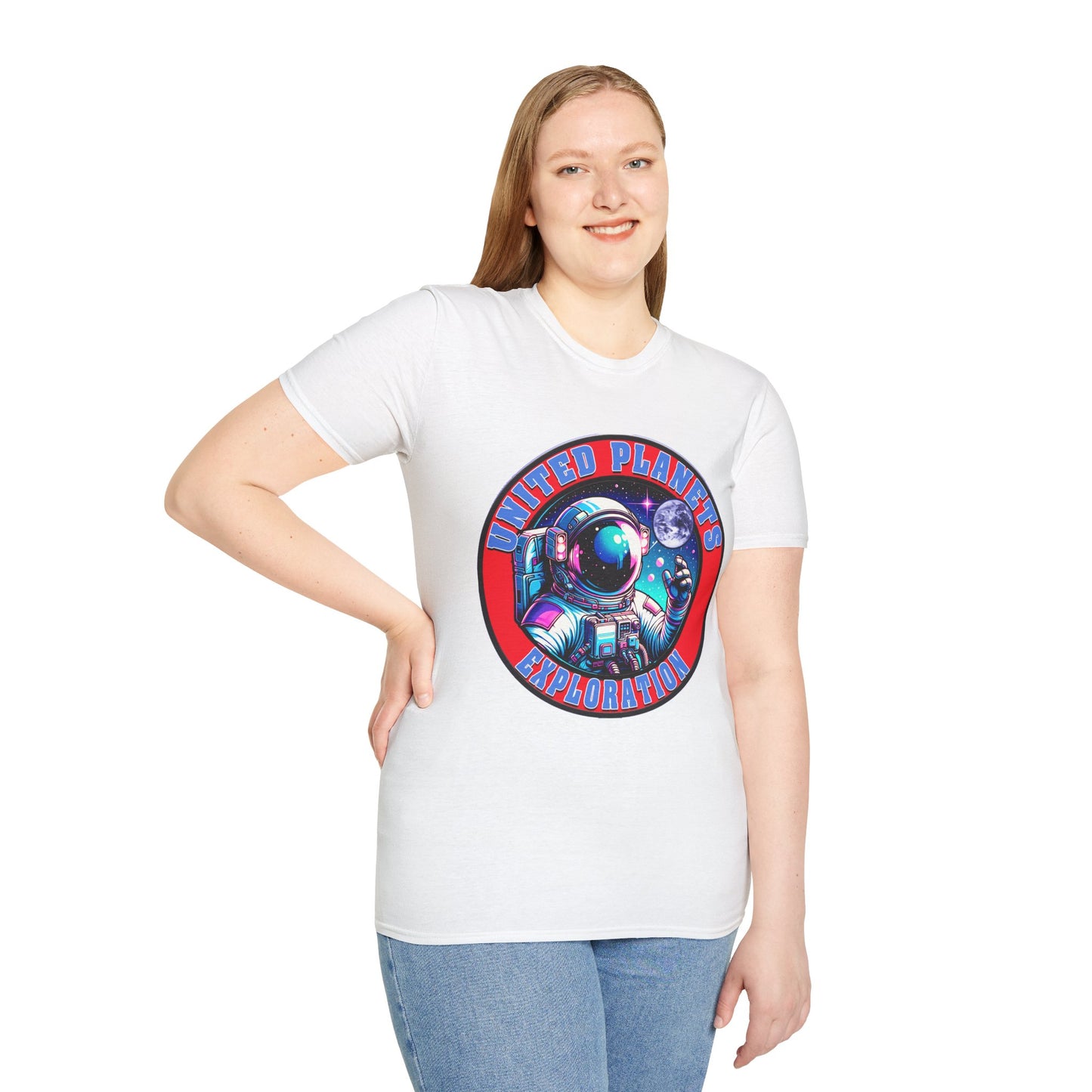 United Planets Exploration Astronaut T-Shirt, Science Themed Tee, Outer Space Shirt for Gift, Birthday, Unisex Softstyle Apparel