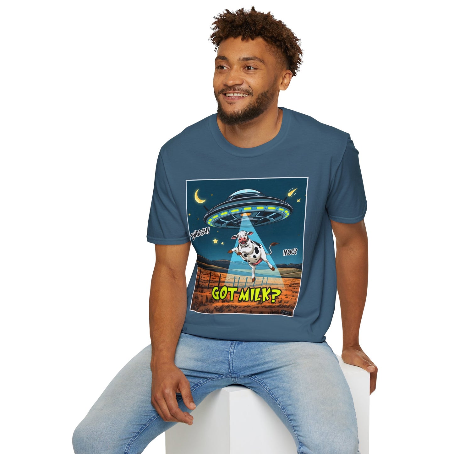 Got Milk? Cow UFO Unisex Softstyle T-Shirt – Fun Graphic Tee for Dairy Lovers, graphic tees, t-shirt, tshirt, graphic design, png