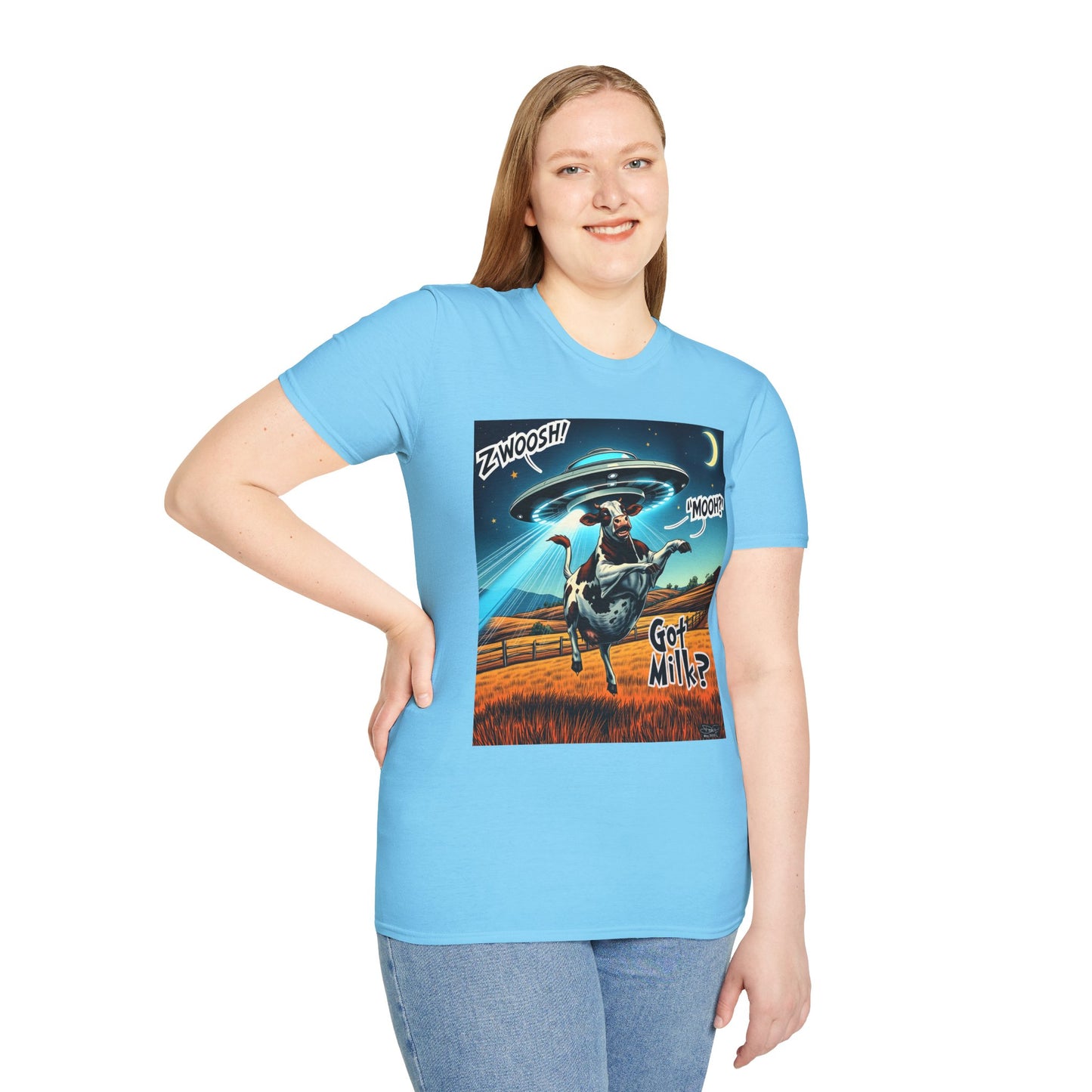 Funny Alien Cow T-Shirt - Got Milk? Unisex Soft style graphic Tee, UFO, galaxies, space, Blackhole, graphic design, png, sublimation