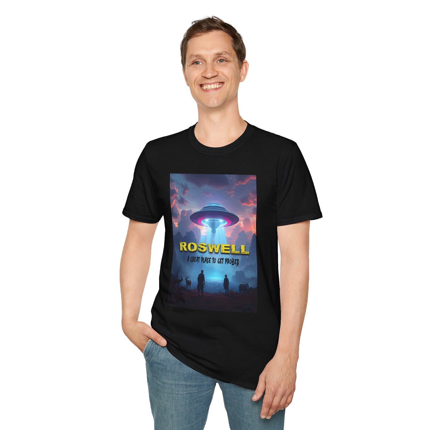 Roswell Probed Retro T-Shirt - Alien UFO Lover Gift, Sci-Fi Apparel, Extraterrestrial Tee, Unisex Softstyle Clothing, graphic design, png