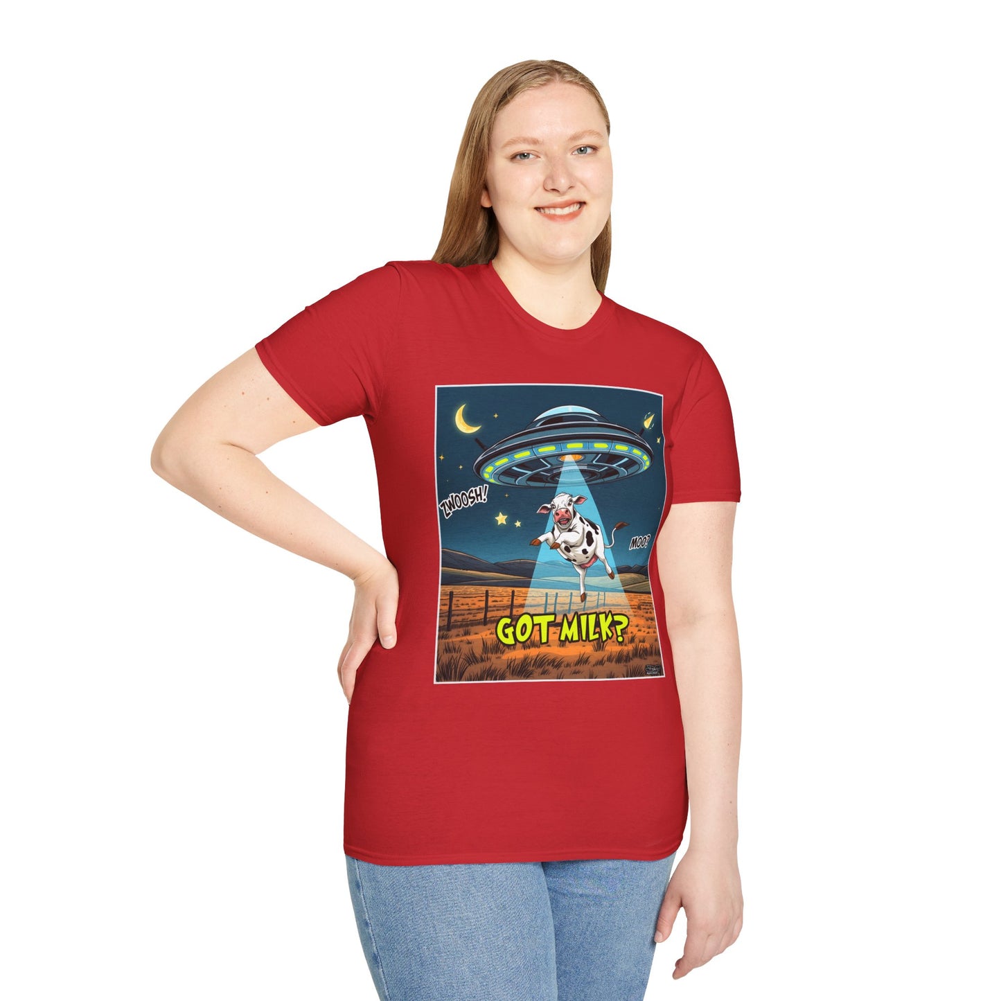 Got Milk? Cow UFO Unisex Softstyle T-Shirt – Fun Graphic Tee for Dairy Lovers, graphic tees, t-shirt, tshirt, graphic design, png