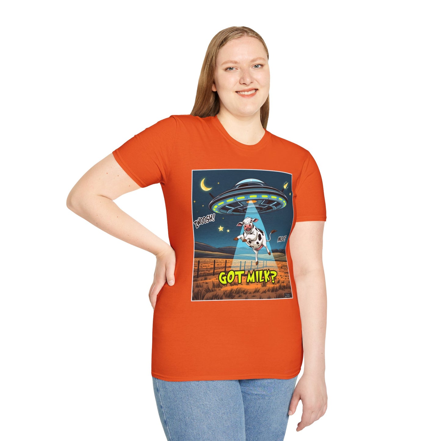 Got Milk? Cow UFO Unisex Softstyle T-Shirt – Fun Graphic Tee for Dairy Lovers, graphic tees, t-shirt, tshirt, graphic design, png