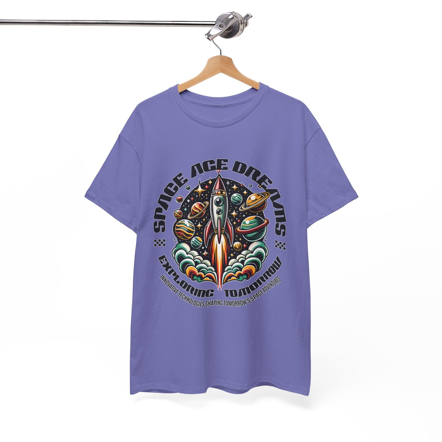 Space Age Dreams, Unisex Heavy Cotton Tee - Retro Rocket Design for Space Lovers, graphic design, png