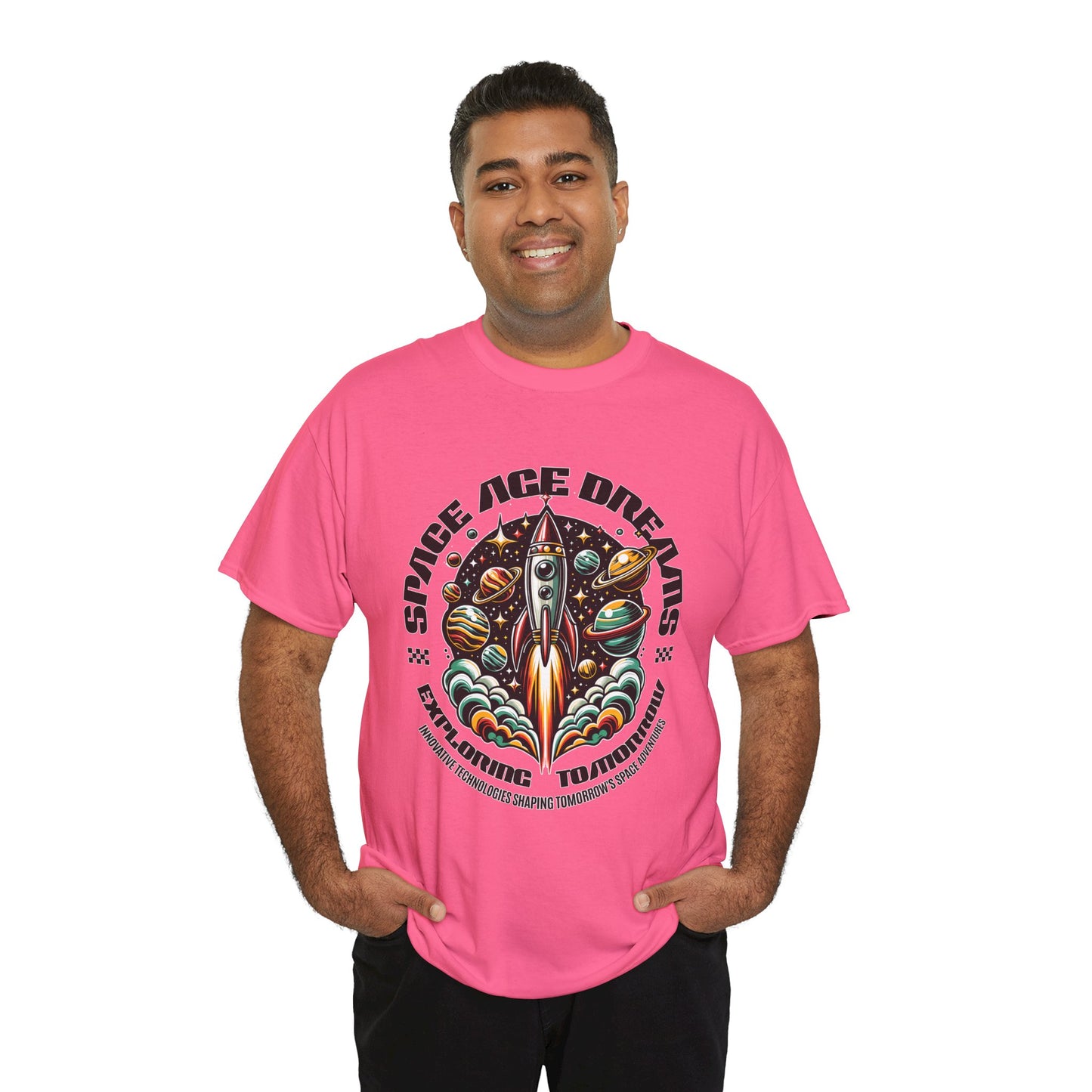 Space Age Dreams, Unisex Heavy Cotton Tee - Retro Rocket Design for Space Lovers, graphic design, png