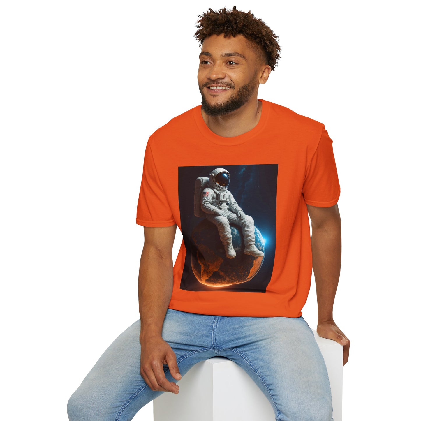Sitting on an Earth, Cosmic Astronaut T-Shirt, Unisex Graphic Tee, Space Lover Gift, Casual Wear, Astronomy Fan Shirt, Graphic Tee, t-shirt, tshirt, png
