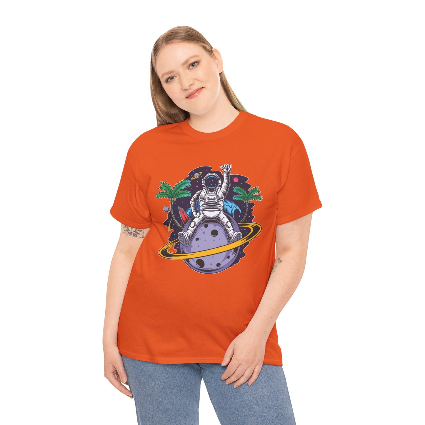 Cosmic Adventure, Unisex Heavy Cotton Tee - Astronaut & Planet Design, graphic design, png, art