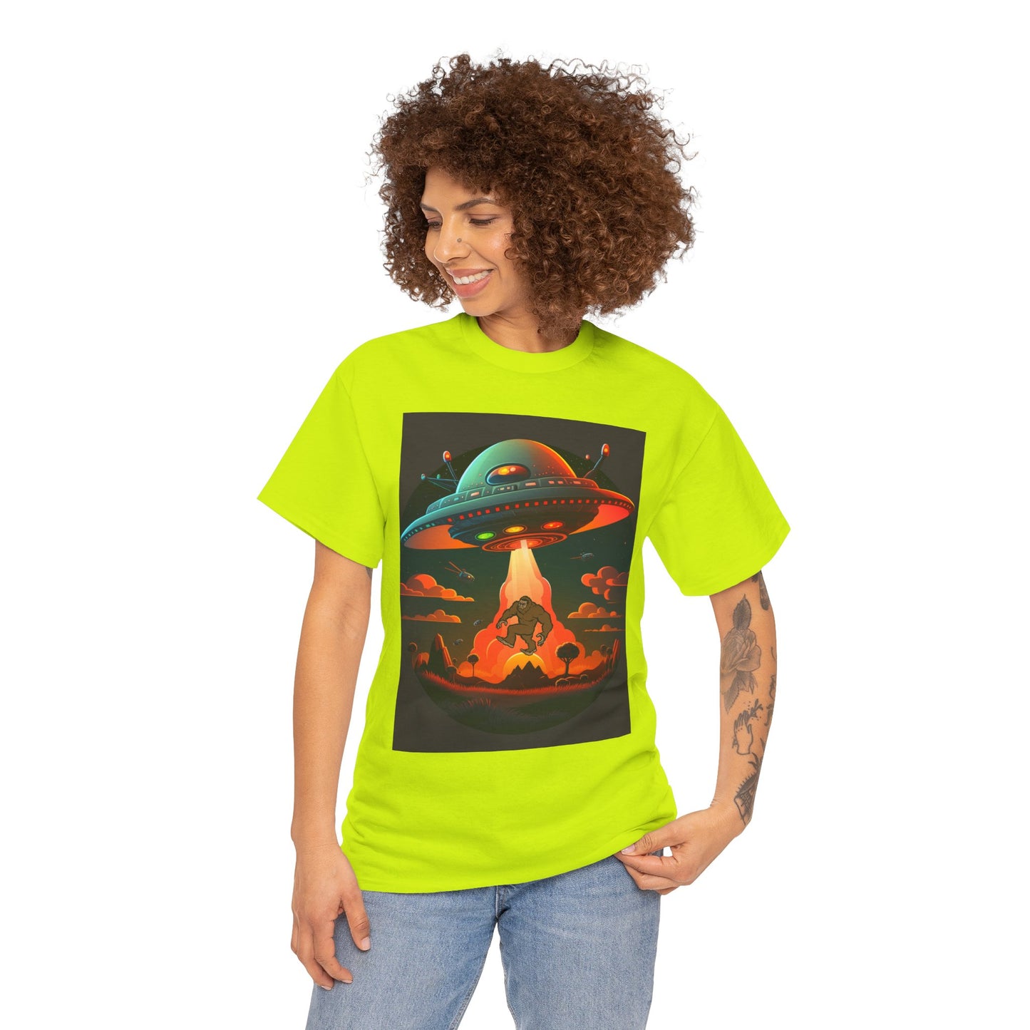 UFO, Bigfoot, Unisex Heavy Cotton Tee, graphic design, t-shirt, t-shirts, tshirts, png