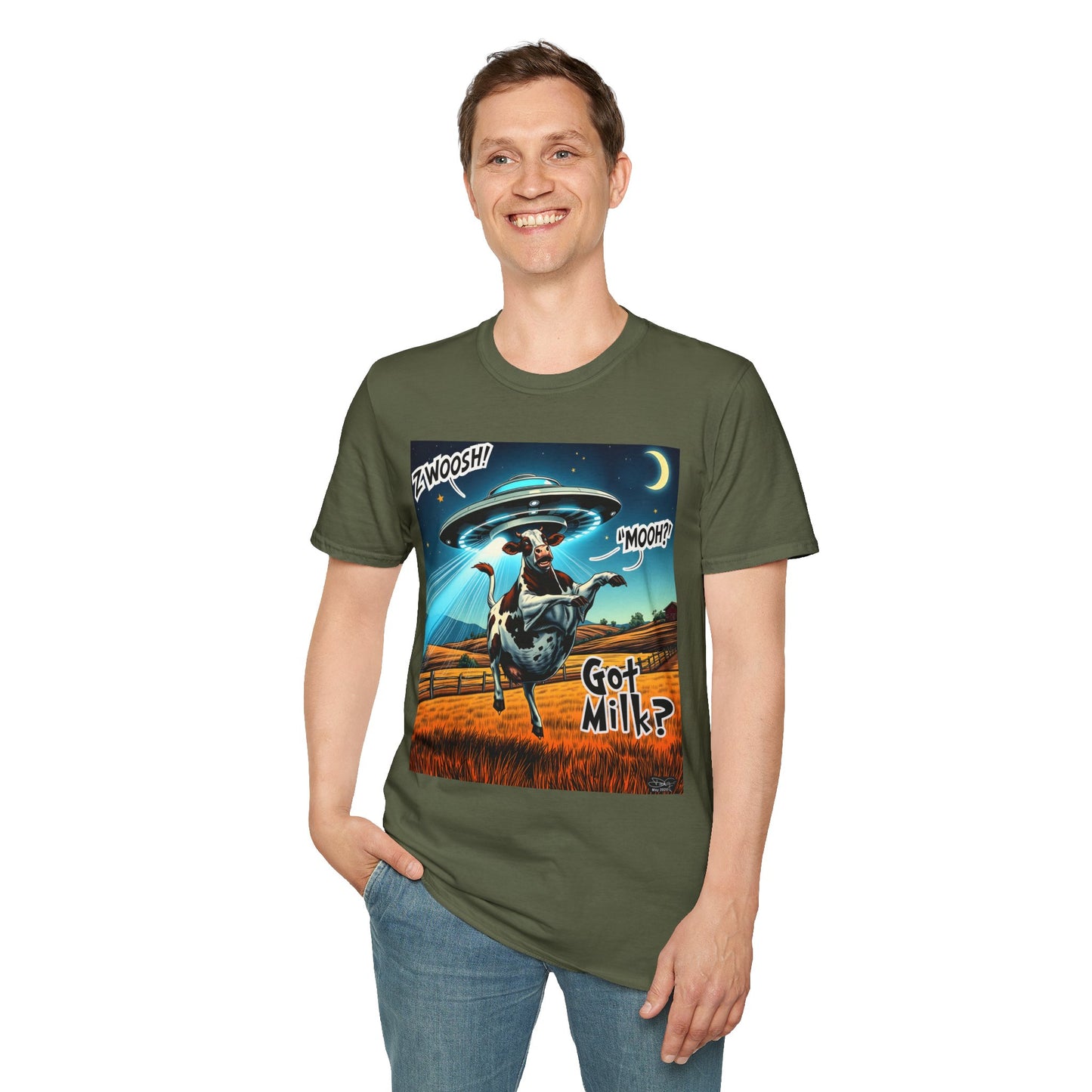 Funny Alien Cow T-Shirt - Got Milk? Unisex Soft style graphic Tee, UFO, galaxies, space, Blackhole, graphic design, png, sublimation