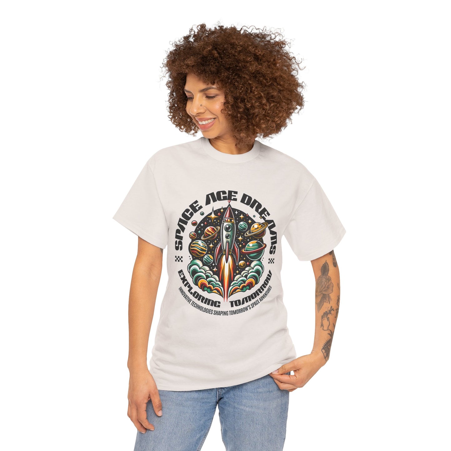 Space Age Dreams, Unisex Heavy Cotton Tee - Retro Rocket Design for Space Lovers, graphic design, png