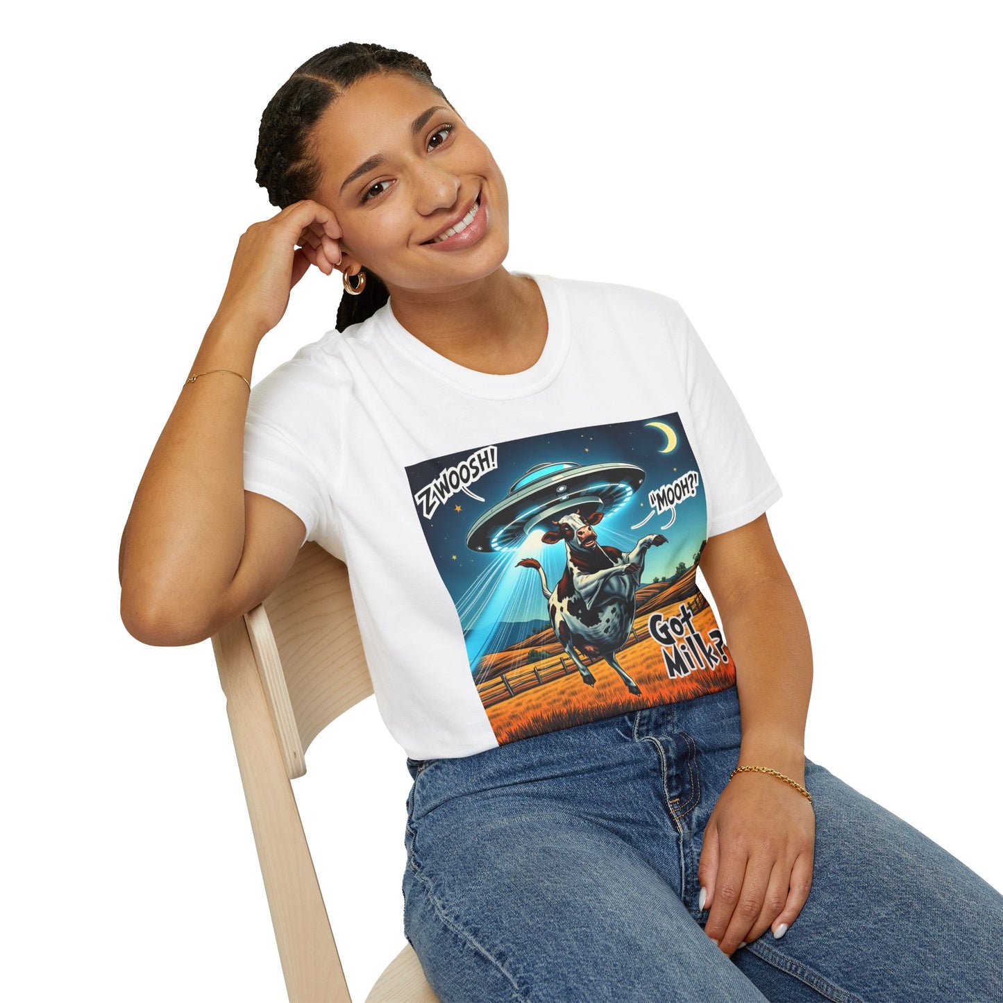 Funny Alien Cow T-Shirt - Got Milk? Unisex Soft style graphic Tee, UFO, galaxies, space, Blackhole, graphic design, png, sublimation
