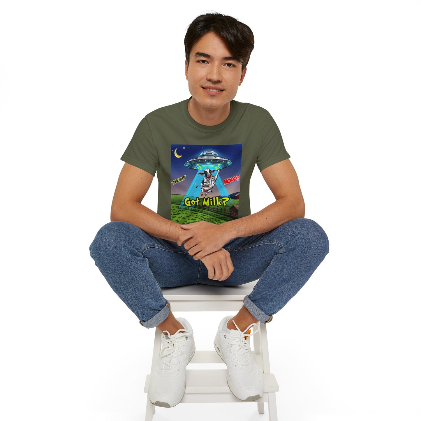Got Milk? Funny Unisex Ultra Cotton Tee - Humorous Cow and UFO Design, graphic tee, t-shirts, tshirt, png, sublimation