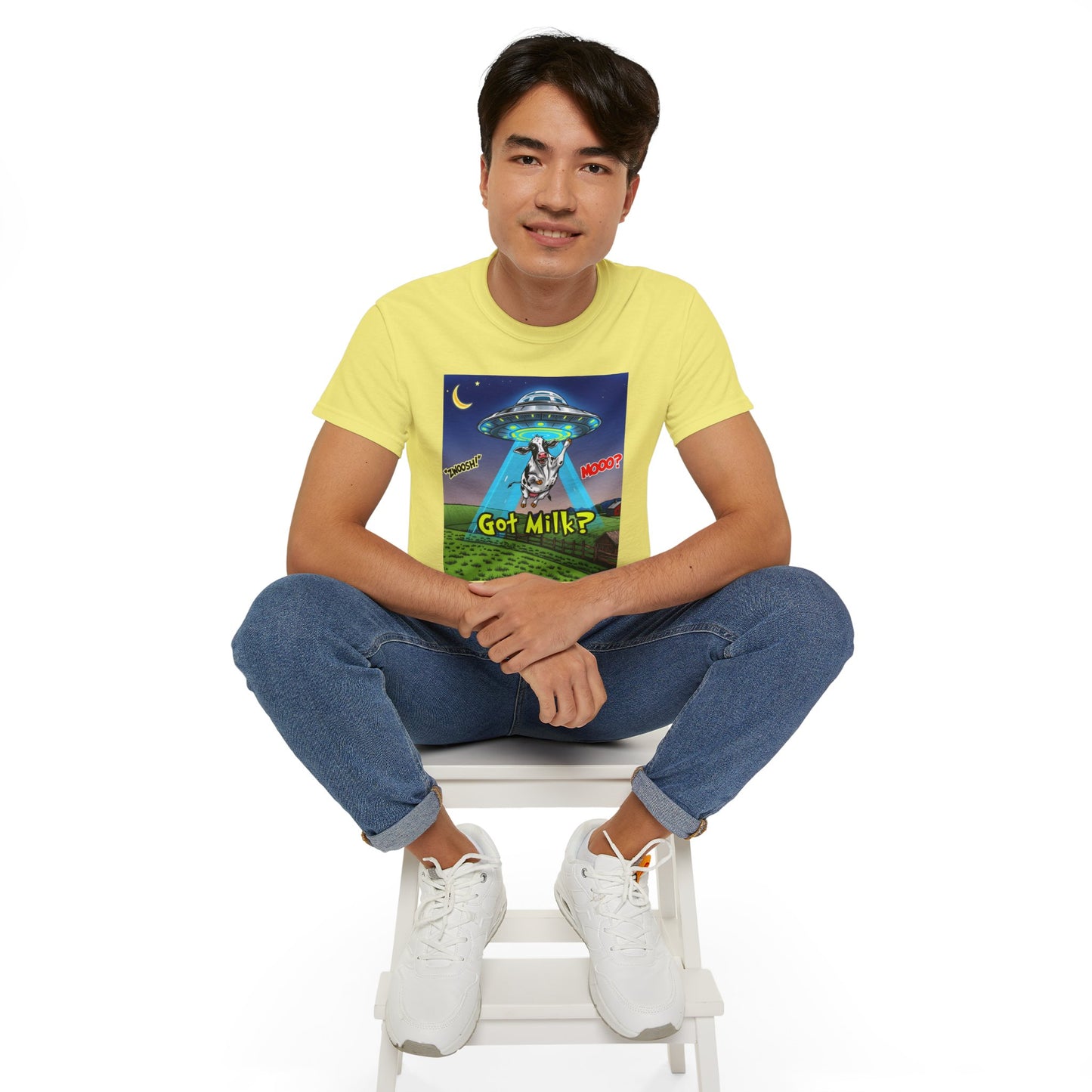 Got Milk? Funny Unisex Ultra Cotton Tee - Humorous Cow and UFO Design, graphic tee, t-shirts, tshirt, png, sublimation