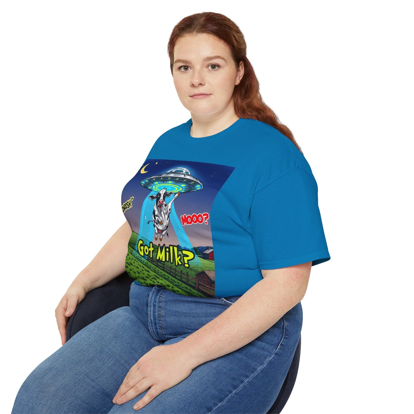 Got Milk? Funny Unisex Ultra Cotton Tee - Humorous Cow and UFO Design, graphic tee, t-shirts, tshirt, png, sublimation
