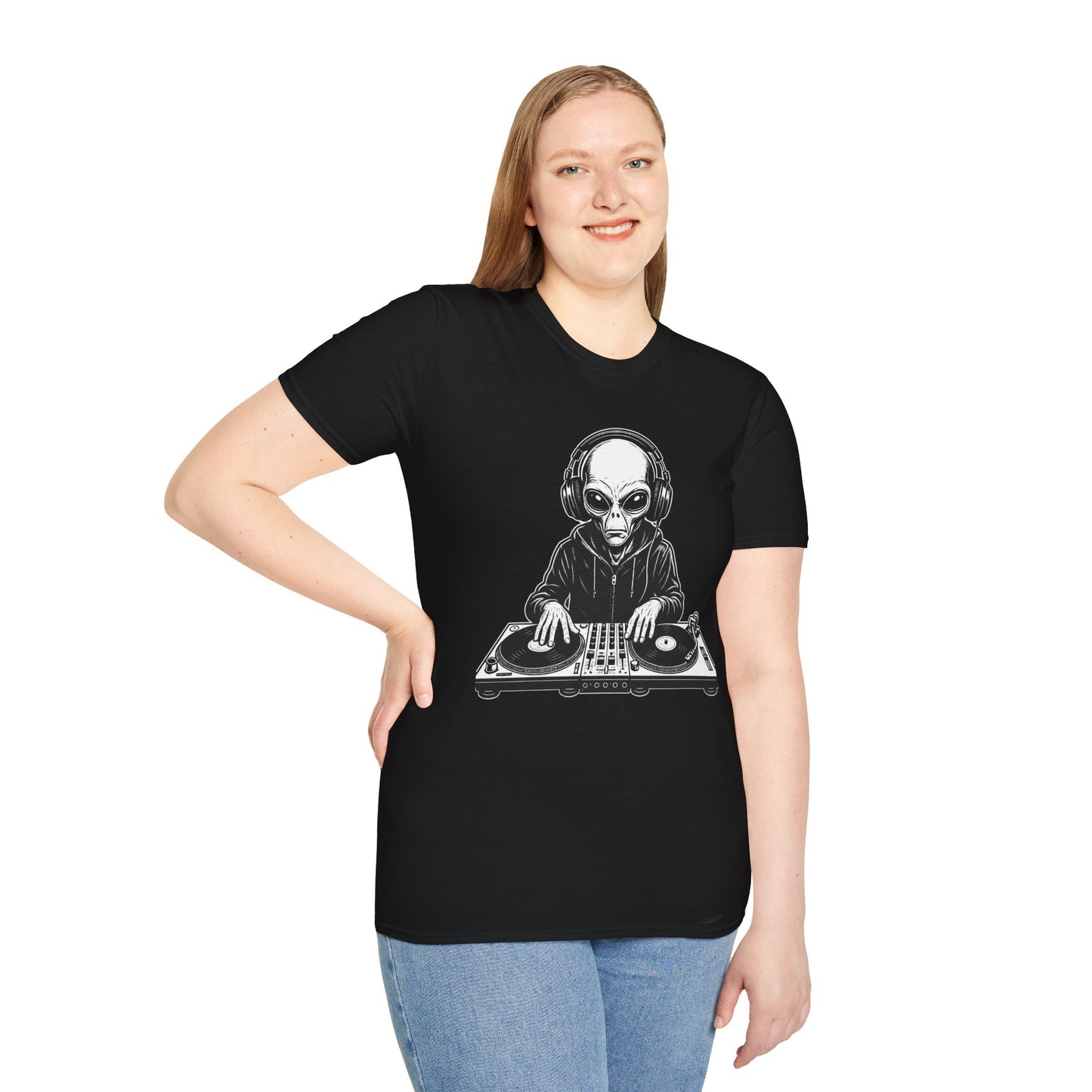 DJ Alien Graphic T-Shirt | Unisex Softstyle Tee for Music Lovers, Gifts for DJs, Cool Casual Wear, Festival Apparel, Unique Alien Design