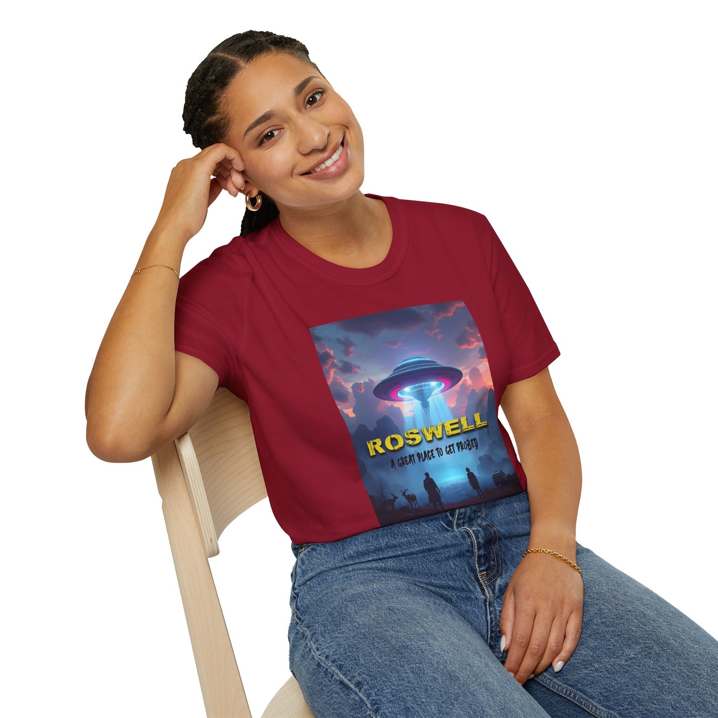 Roswell Probed Retro T-Shirt - Alien UFO Lover Gift, Sci-Fi Apparel, Extraterrestrial Tee, Unisex Softstyle Clothing, graphic design, png