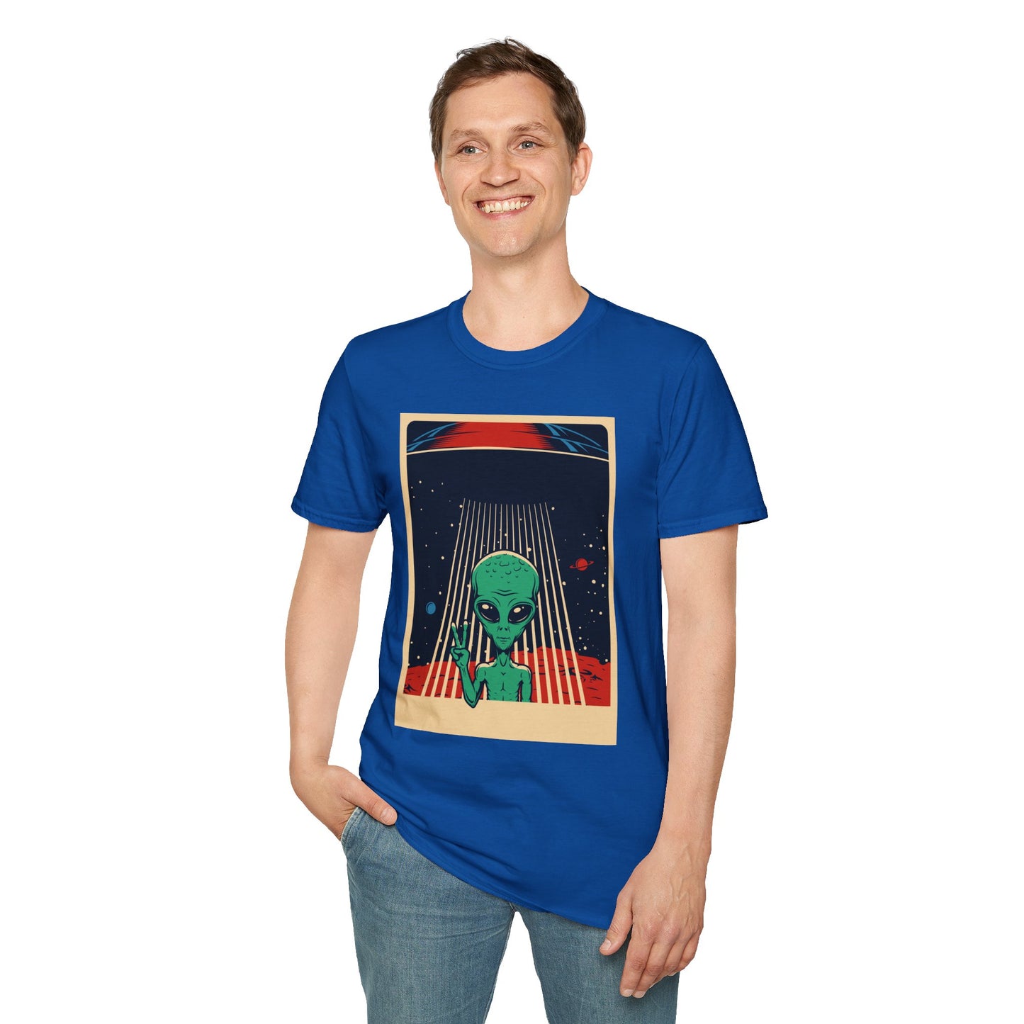 Cosmic Alien Peace Unisex Softstyle T-Shirt, Vintage UFO Tee, Space Lover Gift, Sci-Fi Fan Shirt, Trendy Graphic Tee, GraphicTees, t-shirts