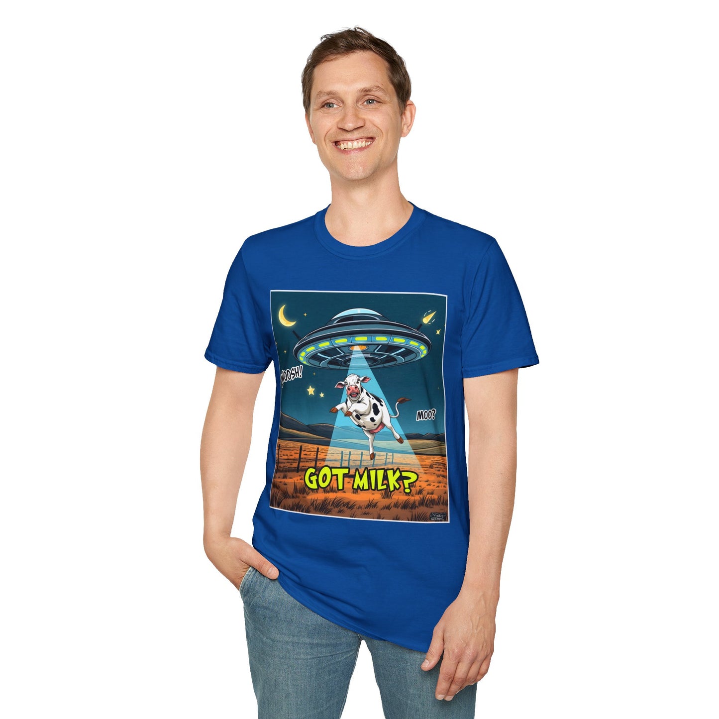 Got Milk? Cow UFO Unisex Softstyle T-Shirt – Fun Graphic Tee for Dairy Lovers, graphic tees, t-shirt, tshirt, graphic design, png