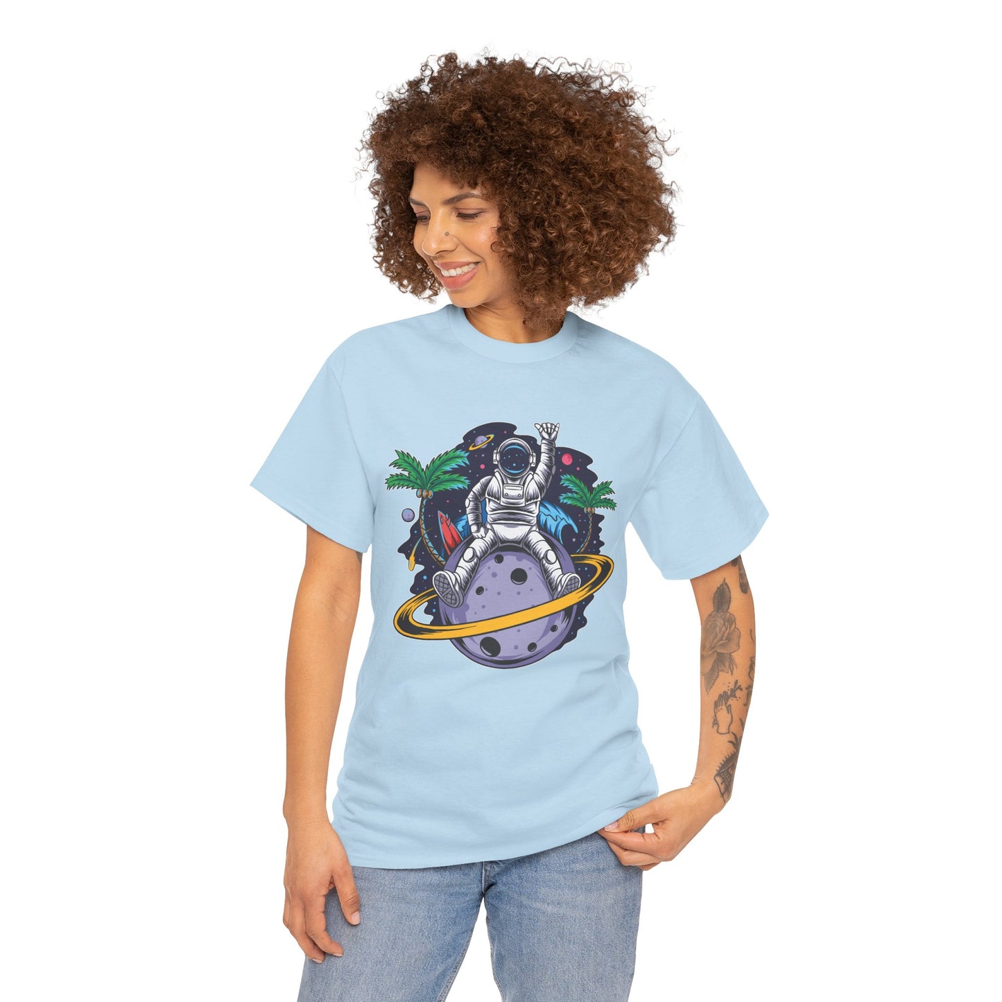 Cosmic Adventure, Unisex Heavy Cotton Tee - Astronaut & Planet Design, graphic design, png, art