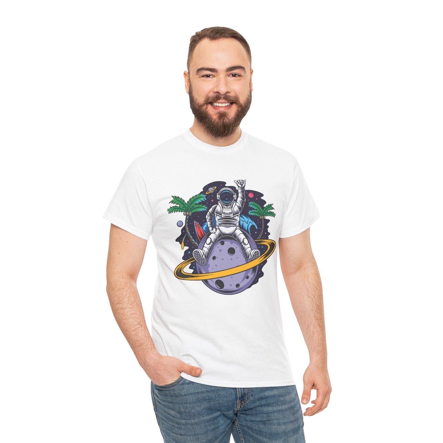 Cosmic Adventure, Unisex Heavy Cotton Tee - Astronaut & Planet Design, graphic design, png, art