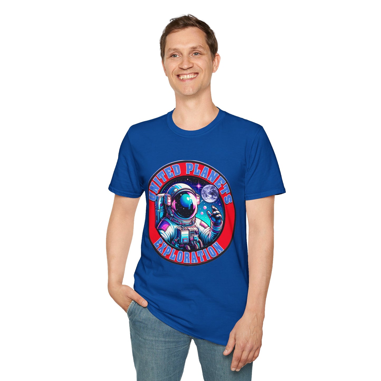 United Planets Exploration Astronaut T-Shirt, Science Themed Tee, Outer Space Shirt for Gift, Birthday, Unisex Softstyle Apparel