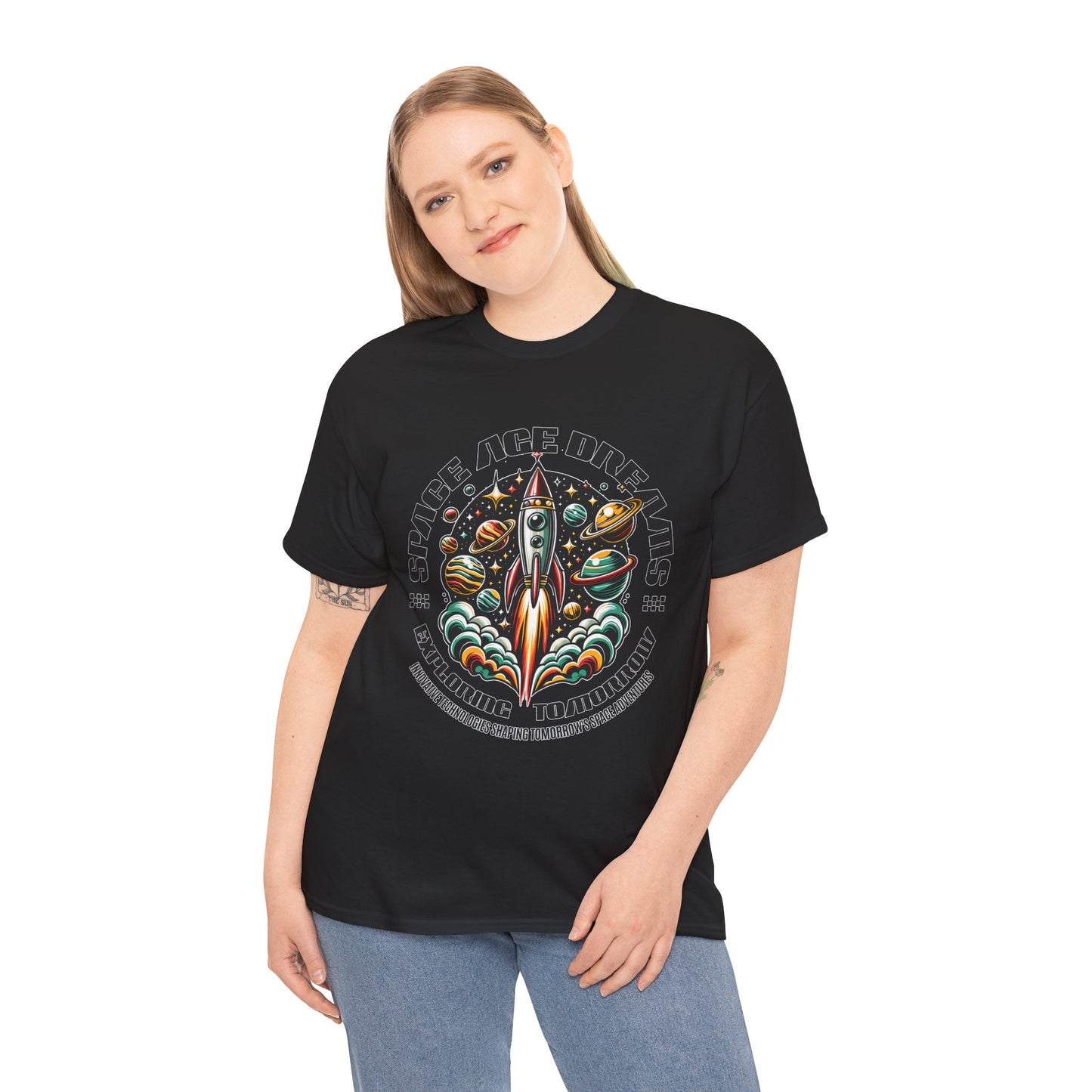 Space Age Dreams, Unisex Heavy Cotton Tee - Retro Rocket Design for Space Lovers, graphic design, png