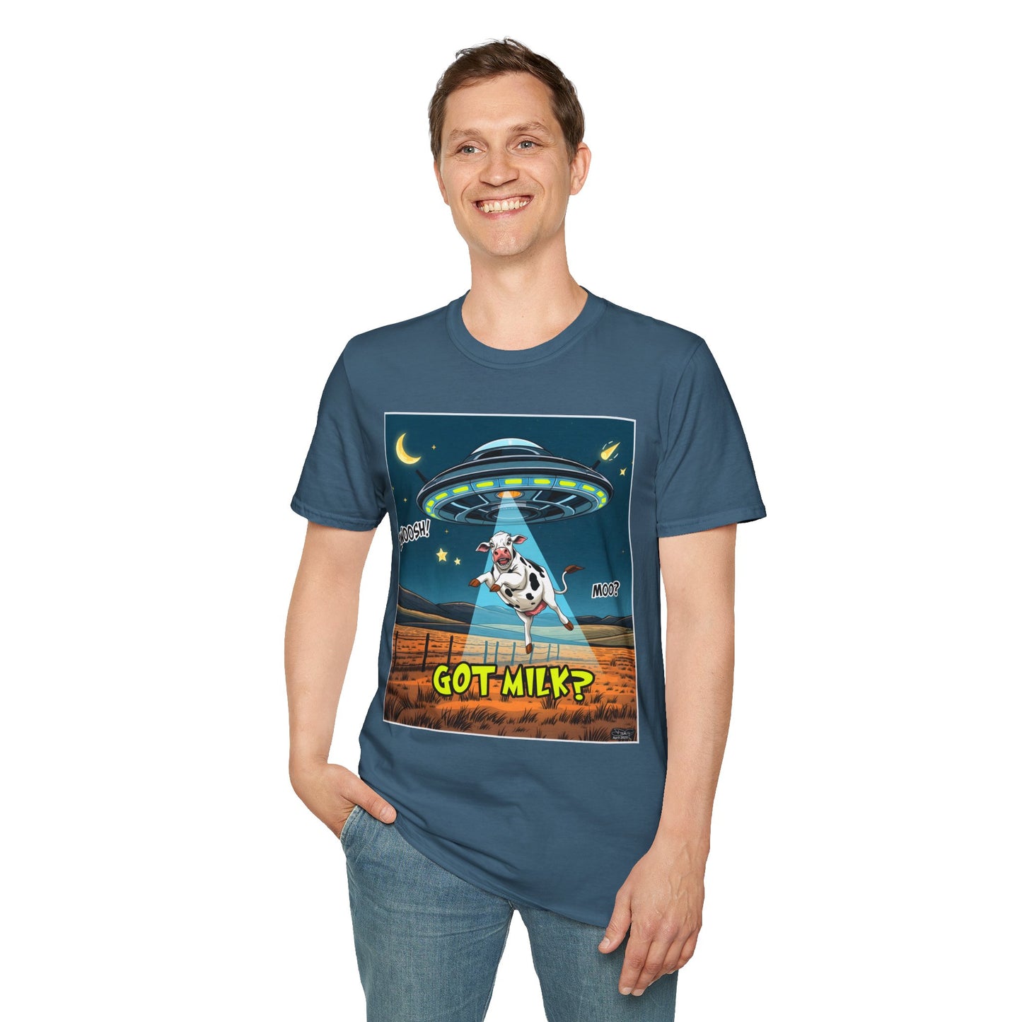 Got Milk? Cow UFO Unisex Softstyle T-Shirt – Fun Graphic Tee for Dairy Lovers, graphic tees, t-shirt, tshirt, graphic design, png