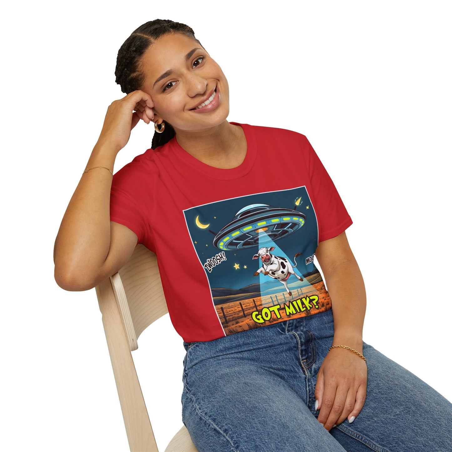 Got Milk? Cow UFO Unisex Softstyle T-Shirt – Fun Graphic Tee for Dairy Lovers, graphic tees, t-shirt, tshirt, graphic design, png