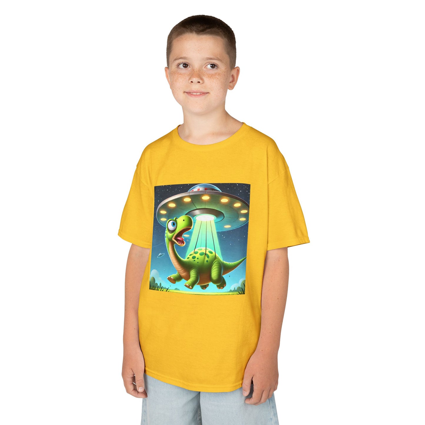 Dinosaur UFO Kids Tee, Fun Graphic Shirt for Boys and Girls, Perfect for Birthdays, Parties, Casual Wear, Gifts, tshirt, t-shirt