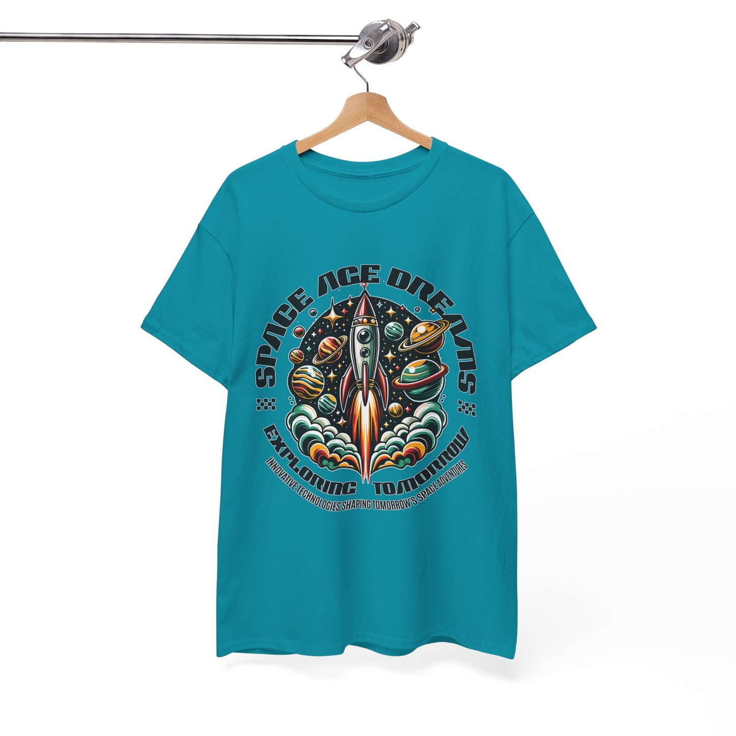 Space Age Dreams, Unisex Heavy Cotton Tee - Retro Rocket Design for Space Lovers, graphic design, png