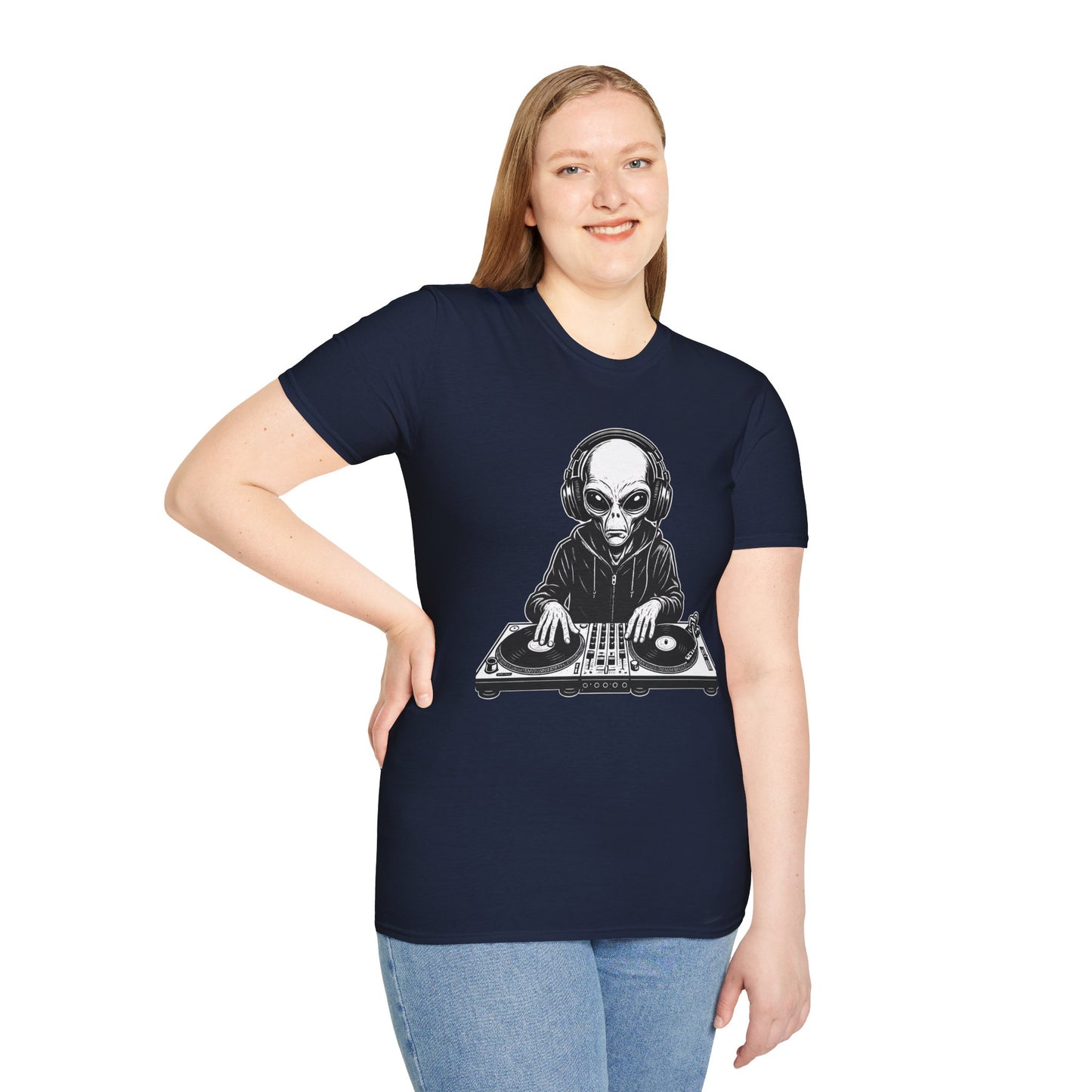 DJ Alien Graphic T-Shirt | Unisex Softstyle Tee for Music Lovers, Gifts for DJs, Cool Casual Wear, Festival Apparel, Unique Alien Design