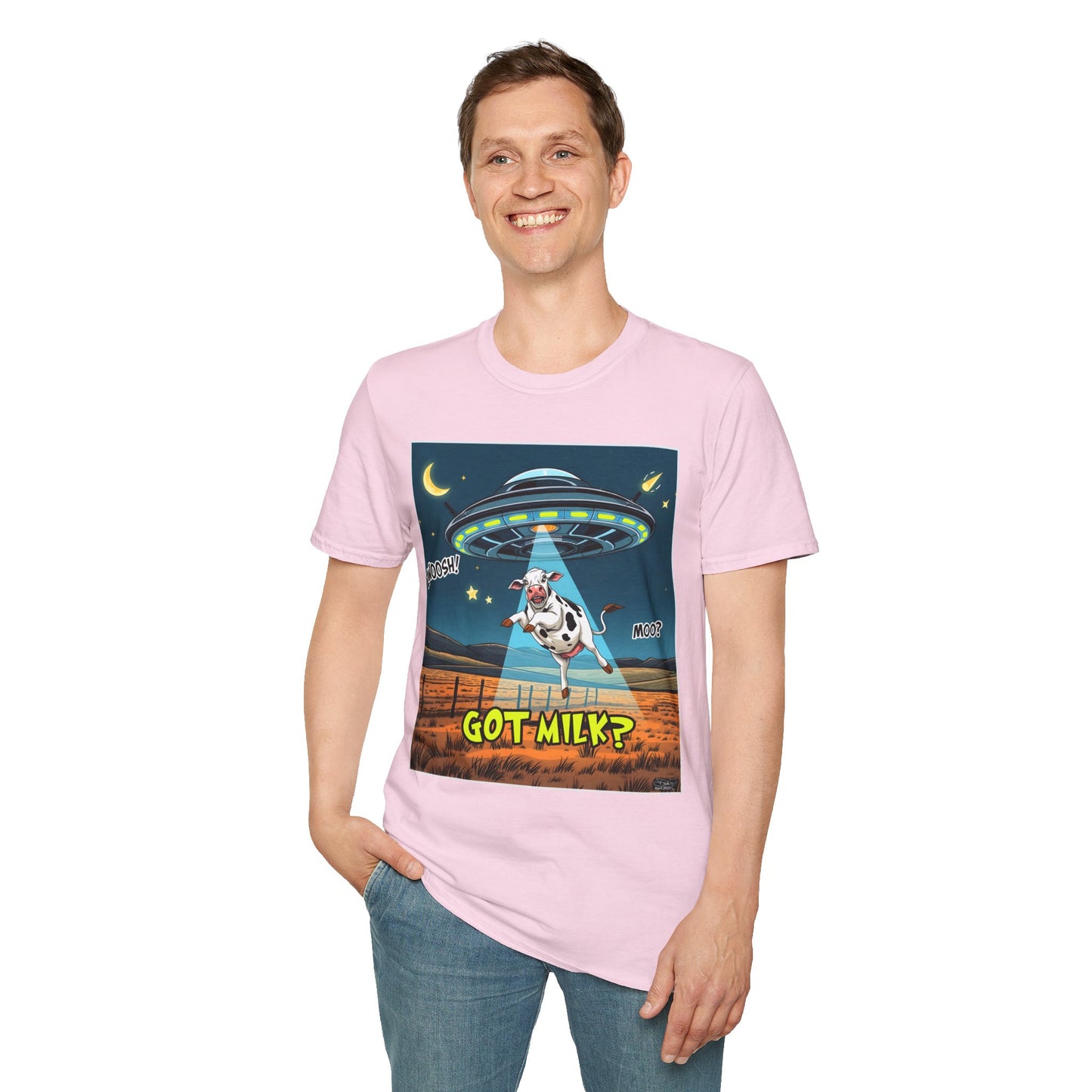 Got Milk? Cow UFO Unisex Softstyle T-Shirt – Fun Graphic Tee for Dairy Lovers, graphic tees, t-shirt, tshirt, graphic design, png